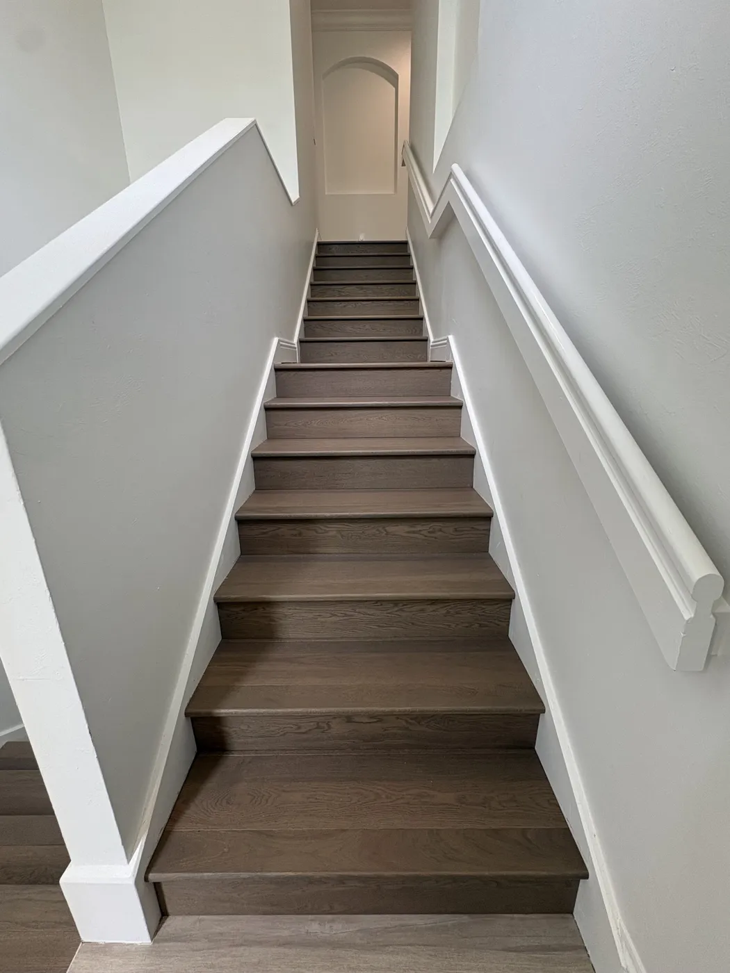 Dark-stained wood stair treads and risers in a Naples home